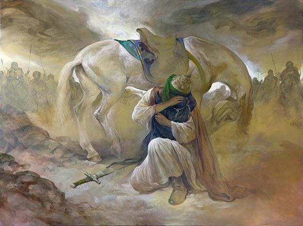 تابلوی نقاشی «بابا» با الهام از لحظه وداع معروف حضرت سکینه با سیدالشهدا علیهما السلام